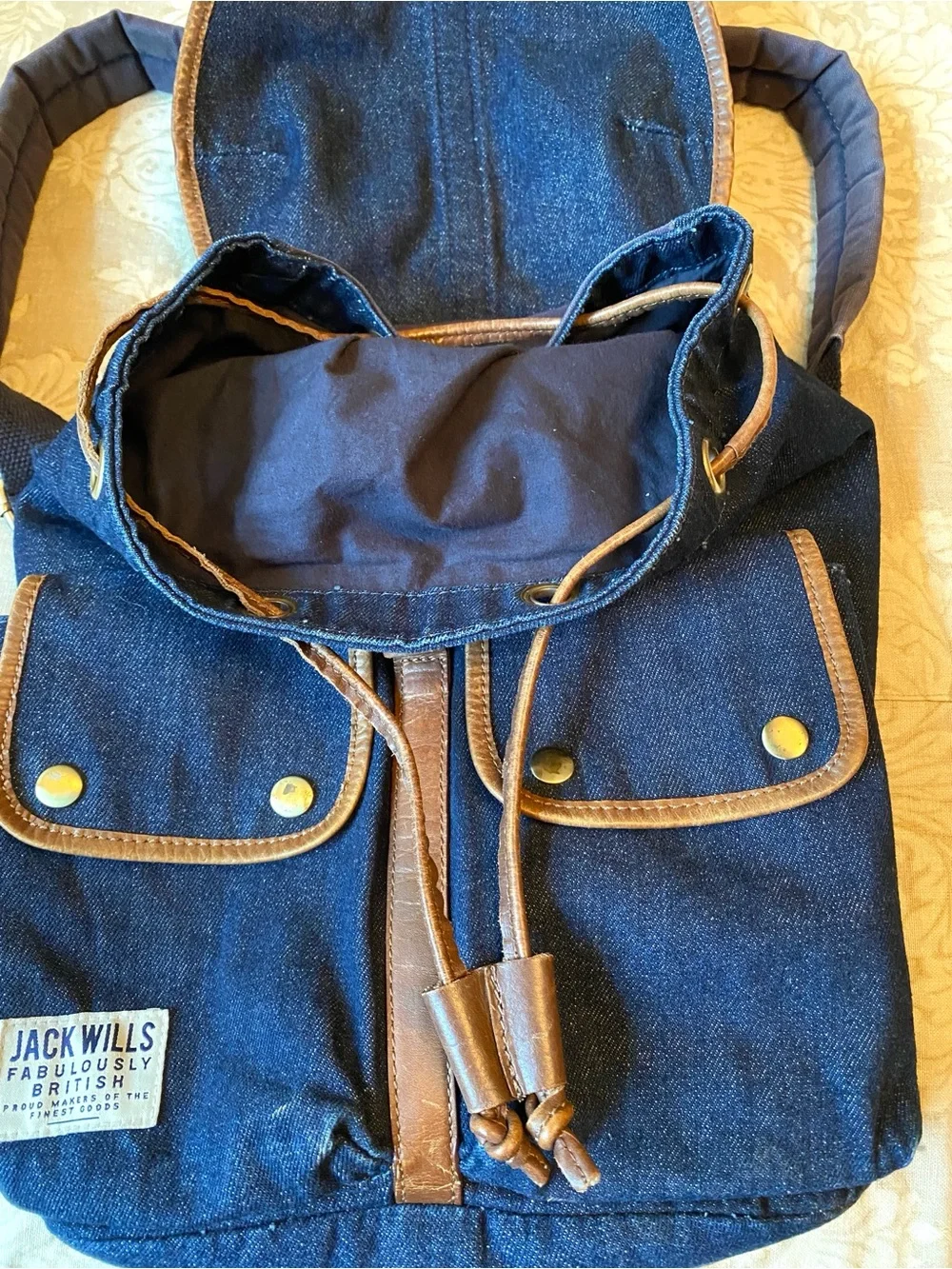Jack Wills Blue Denim Canvas Cinch Top Backpack Leather Trim